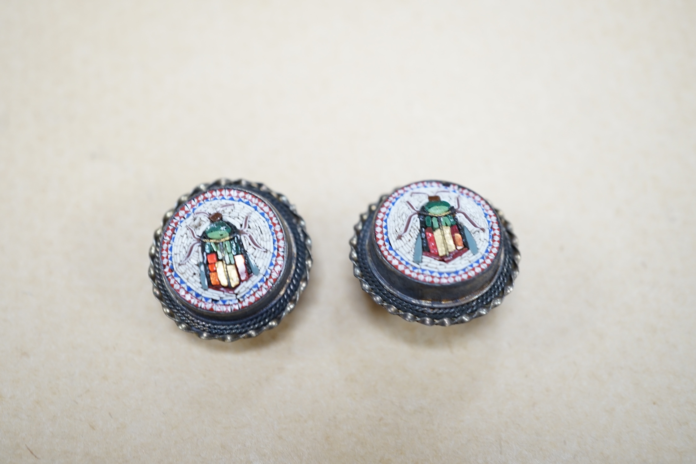 A pair of 19th century micro-mosaic scarab beetle buttons, 2cm wide. Condition - good